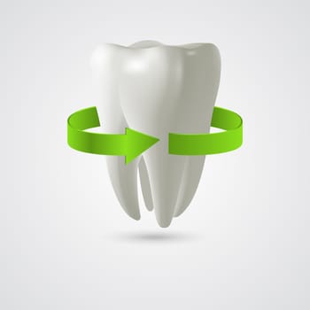 Vector three-dimensional tooth with green arrow sign. Medical background