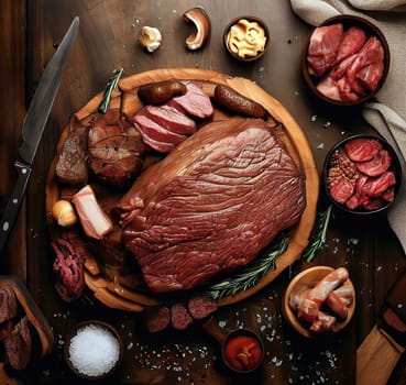 Various delicious grilled meat top view shot