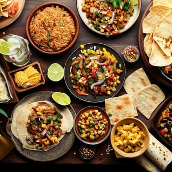Various delicious Mexican food top view dolly shot
