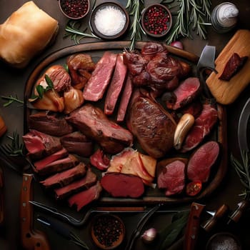 Various delicious grilled meat top view shot