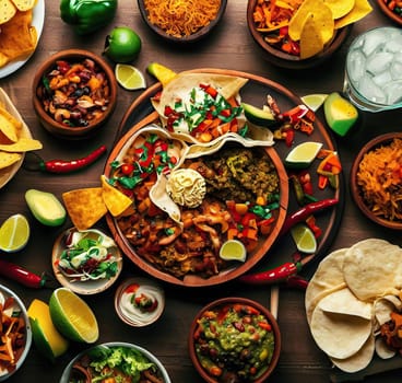Various delicious Mexican food top view dolly shot
