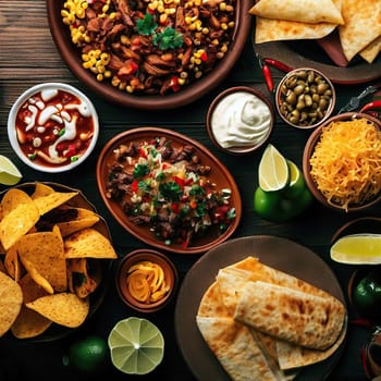 Various delicious Mexican food top view dolly shot