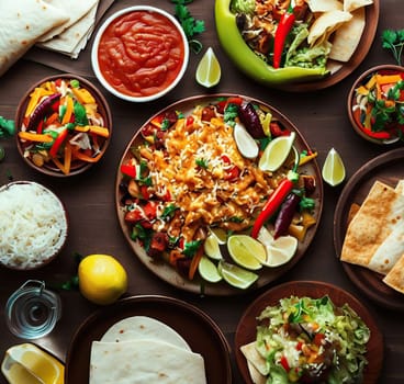 Various delicious Mexican food top view dolly shot