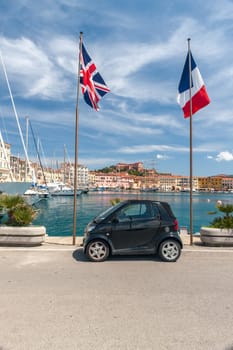 small car on the waterfront of Porto Azzurro on Elba Island,Tuscany,Italy
