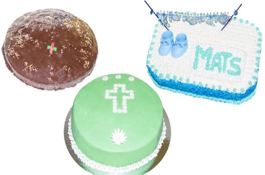 Three different cakes garnished with sugar casting and inscription.