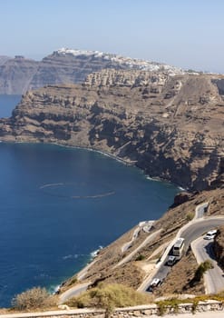 Magnificent view of the majestic volcanic cliffs of Santorini Island, Greece.