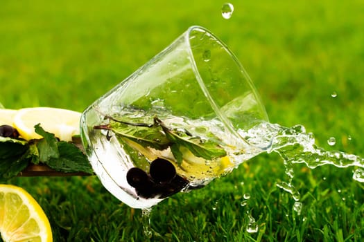 A falling glass of sparkling water or lemonade with lemon, blackcurrant and mint leaves on grass background. Water with splashes and drops flows from a glass