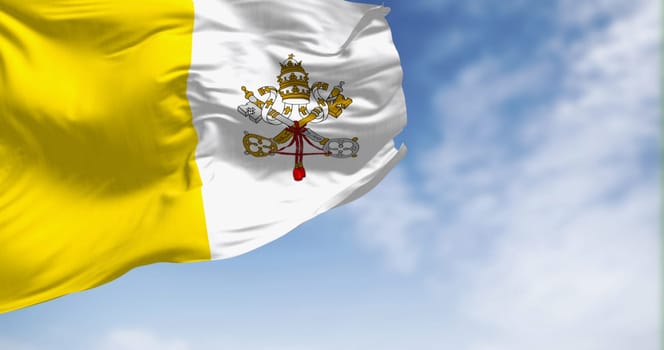 Flag of Vatican City waving in the wind on a clear day. Vertical bicolour of gold and white with the coat of arms centred on the white portion. 3d illustration render. Fluttering fabric