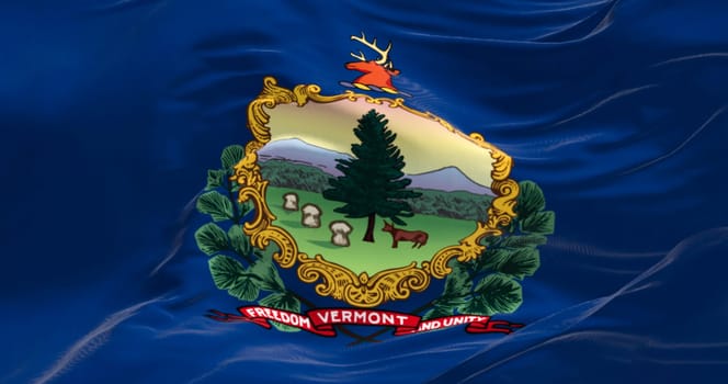 The Vermont state flag fluttering in the wind. Coat of arms and motto Freedom and Unity on a blue background. 3D illustration render. Close-up. Fluttering fabric background