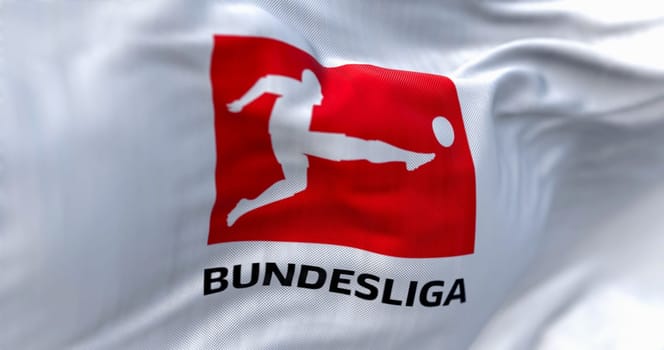 Munich, DE, April 2023: Close-up of the Bundesliga flag waving in the wind. Bundesliga is a professional association football league in Germany. Illustrative editorial 3d illustration render.