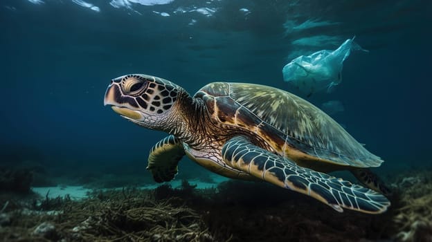 Plastic Pollution In Ocean - Turtle swim side Plastic Bag - Environmental Problem, generative ai