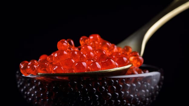 Red Caviar in a spoon. Caviar in bowl over black background. Close-up salmon caviar. Delicatessen. Gourmet food, isolated on black, generative ai