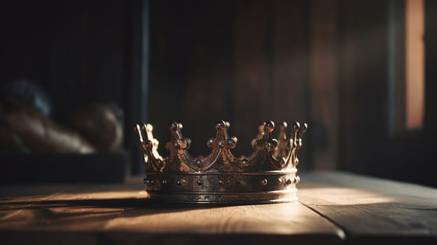 low key image of beautiful queen/king crown over wooden table. vintage filtered. fantasy medieval period, generative ai