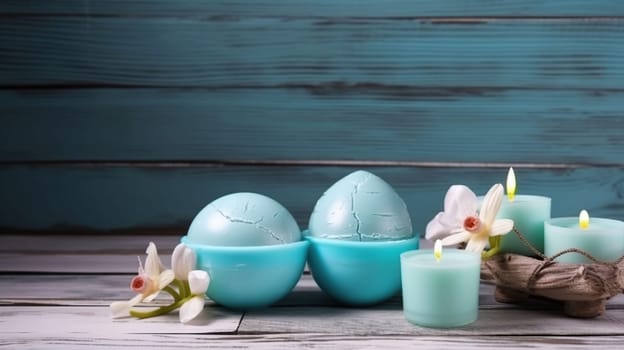 Spa ingredients for massage and relaxation, in light blue color on wooden background, generative ai