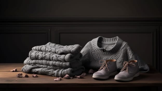 Table with stack of stylish sweaters and shoes on dark background, generative ai