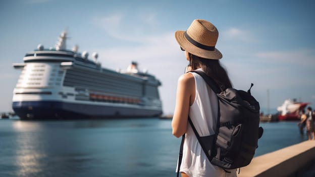 Tourist girl with backpack and hat standing in front of big cruise liner, generative ai