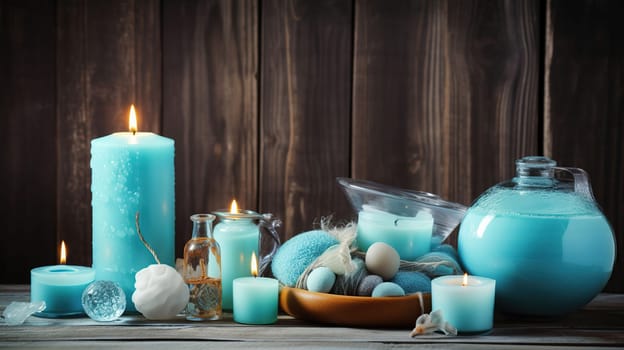 Spa ingredients for massage and relaxation, in light blue color on wooden background, generative ai