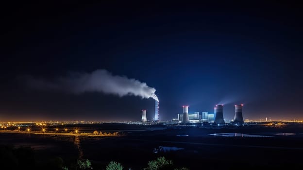 A large brown coal power station with night blue sky and steam, generative ai