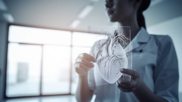 Female doctor holding virtual volumetric drawing of Heart in hand. Healthcare hospital service concept, generative ai