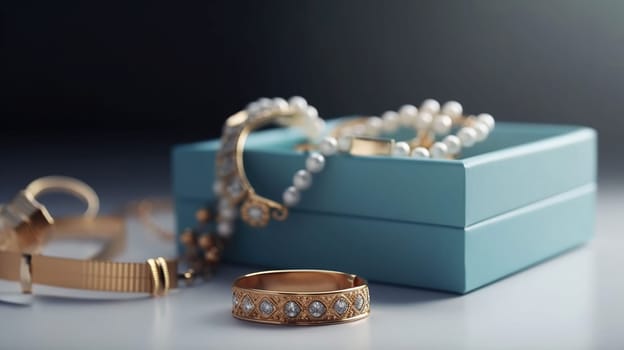 Panoramic shot of Golden bracelet and diamond ring on blue background, generative ai