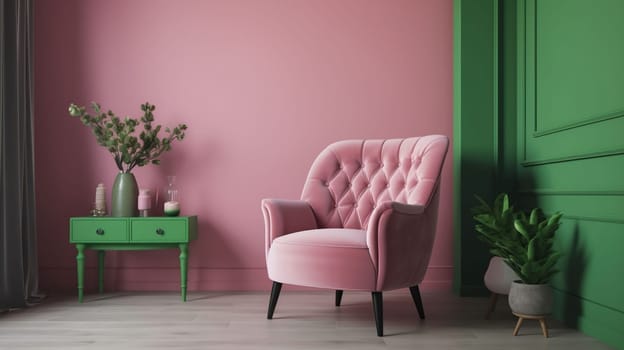 Armchair and potted plant in a room with pink lampshade, generative ai