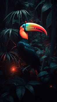 Orange beak toucan in a dark night forest with with red neon light, generative ai