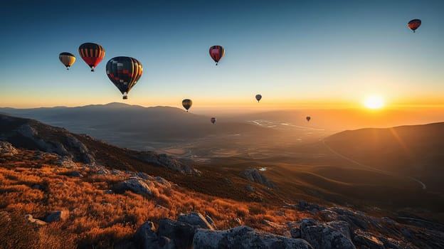 Colorful hot air balloons flying above high mountain at sunrise with beautiful sky background, generative ai