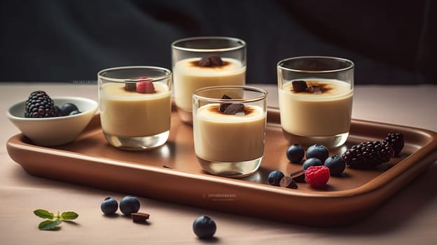 Plate with shots of delicious vanilla pudding on beige background, generative ai
