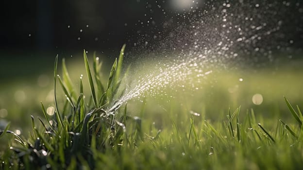 Water spraying from hose on green grass outdoors, closeup, generative ai