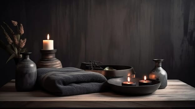 Beautiful composition with spa stones on grey marble table, generative ai