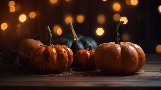 Pumpkins On Wooden Table - Thanksgiving Background With Vegetables And Bokeh Lights, generative ai