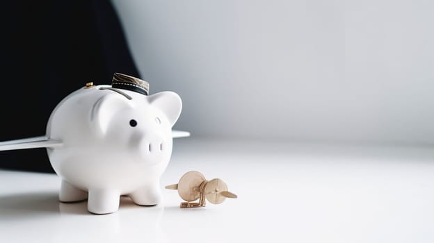Piggy bank with coins, airplane and financial documents, concept of saving Money for traveler, generative ai