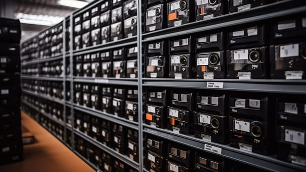 Rows of shelves with goods boxes in huge distribution warehouse at industrial storage factory, generative ai