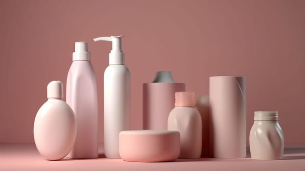 Set of cosmetic products on a color background. Cosmetic package collection.Natural beauty blank label for branding mock-up concept, generative ai