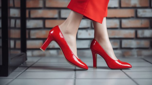 Sexy Red high heels. Fashion concept, catwalk. A modern and fashionable shoe store. on a white brick background, generative ai