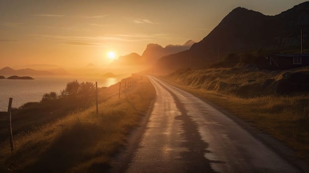 Road by the sea in sunrise time, generative ai