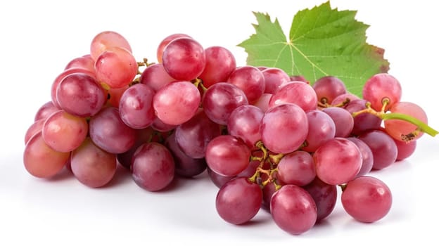 Ripe red grape. Pink bunch with leaves isolated on white. With clipping path, generative ai