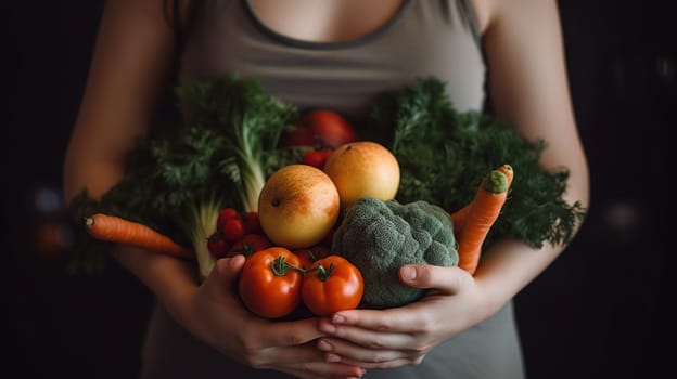 Pregnant woman is holding fresh vegetables in her hand. The concept of healthy eating during pregnancy. Food and a varied diet of vegetables for the expectant mother, generative ai