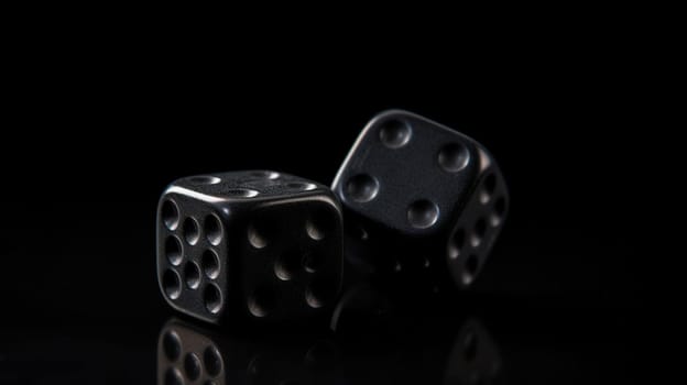 Two black rolling gambling dice on dark background - 3D illustration, Generative ai