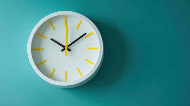 White wall clock with yellow second hand hanging on the wall. Minimalist flat lay image of plastic wall clock over blue turquiose background, generative ai