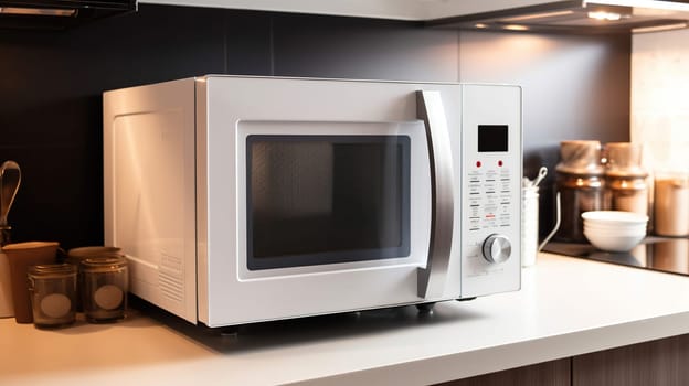 White microwave oven on counter in kitchen, generative ai