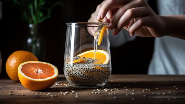 Woman stirring chia seeds in glass of water on wooden table with citrus fruits, generative ai
