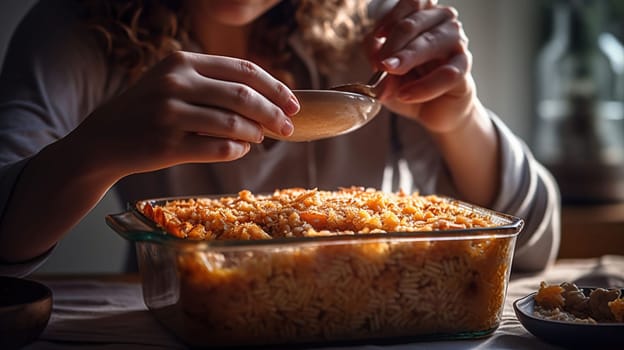 Woman taking baking dish with tasty rice casserole out of oven, generative ai