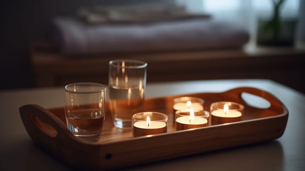 Wooden bathtub tray with candles, eyeglasses and cup of tea in light room, generative ai