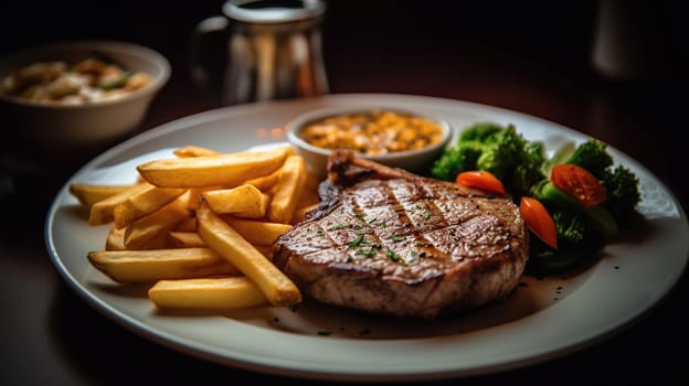 Grilled steak with french fries and vegetables served on wooden table, generative ai