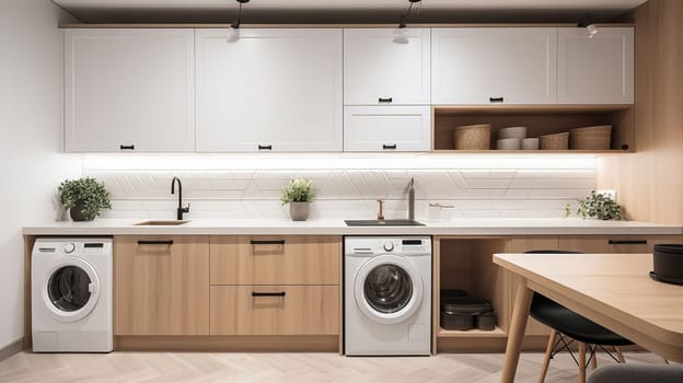 Interior of light kitchen with washing machine, oven and white counters, generative ai