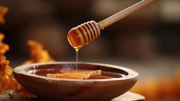 Honey dripping from honey dipper in wooden bowl. Healthy organic Thick honey dipping from the wooden honey spoon. Flowers and jar on the table, generative ai
