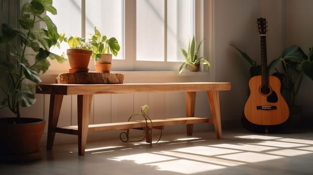 Light room interior with wooden bench, guitar and houseplant, generative ai