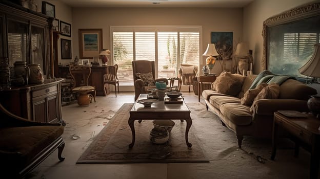 Interior of living room after earthquake, generative ai