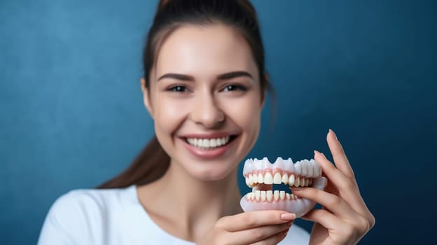 Young woman with beautiful smile and dentist holding educational model of dental implant on blue background, closeup, generative ai